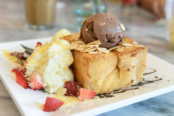 Honey Toast with Ice Cream and Strawberry