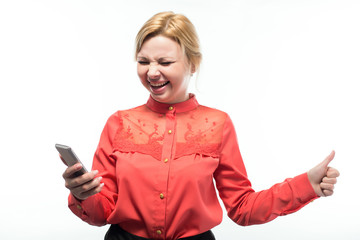 Naklejka premium business woman holding a phone in their hands, shouting