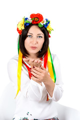 beautiful young brunette woman wearing national ukrainian clothe