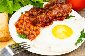 fried eggs with bacon and beans
