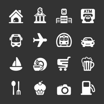 travel map location icon set, white version, vector eps10