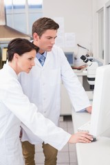 Scientists looking attentively at computer