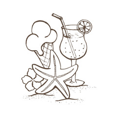 Ice creams, starfish, flower and cocktail Hand drawn doodle