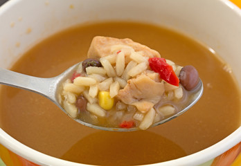 Rice with chicken and veggies on spoon