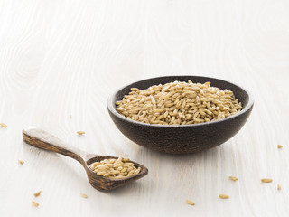 Hafer (Avena), Körner, Holzschale, Holzlöffel, Getreide