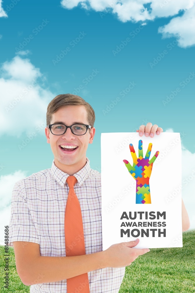Poster Composite image of geeky hipster smiling and showing card