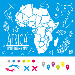 Hand drawn Africa travel map with pins and doodles vector