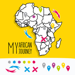 Hand drawn Africa travel map with pins vector illustration