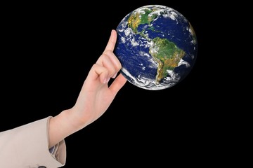 Composite image of businesswoman pointing