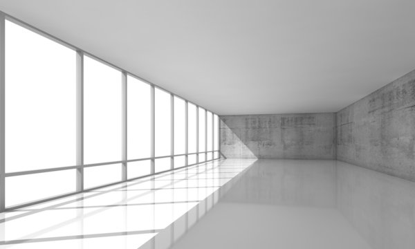 White open space interior with windows and gray walls, 3d