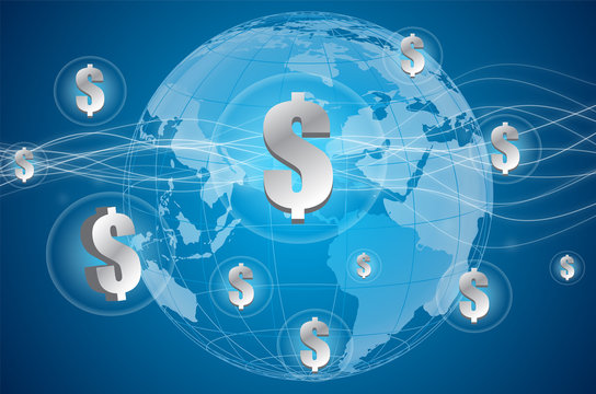 business background with dollar and global on blue