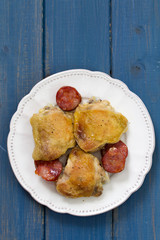 fried chicken with smoked sausages