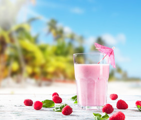 Fresh milk shake on wooden table