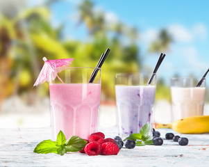 Fresh milk shake on wooden table