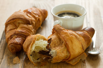 croissant with chocolate and coffee