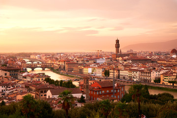 Florence, Arno River and Ponte Vecchio at sunset, Italy