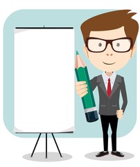 Businessman with a poster and pencil, vector illustration