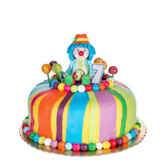 Gorgeous birthday cake for children. With colorful sweets.