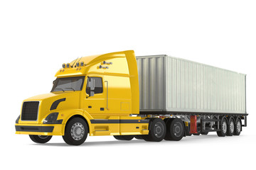Fototapeta na wymiar Cargo delivery vehicle truck with aluminum trailer