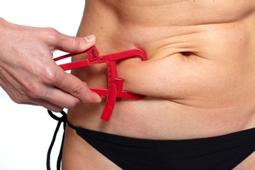 Woman measuring fat belly.