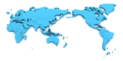 Detail world map with national borders, 3d render