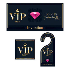 VIP invitation card, warning hanger and badge.