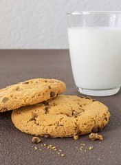 Chocolate chip cookies with a glass of milk
