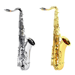 Naklejka premium gold copper and silver chrome saxophone isolated
