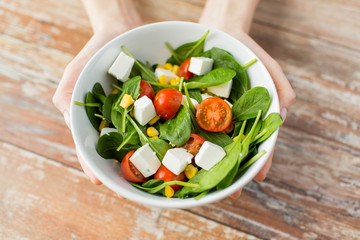 close up of young woman hands showing salad bowl