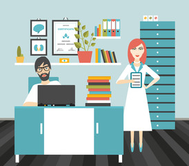 Doctor and nurse office workplace. Flat vector illustration.