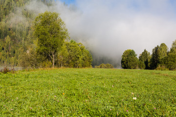Summer, fog on the river. Altai Mountains.