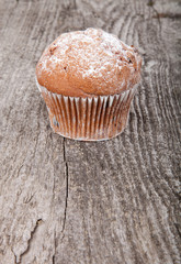 Cake with raisin and sugar powder on the wooden table. Selective