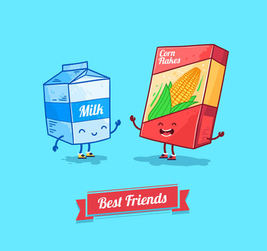 Vector funny cartoon. Funny cornflake and milk.  Best friends.