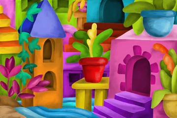 Tuinposter Klassiek abstract Samenvatting met kleurrijke huizenfantasie