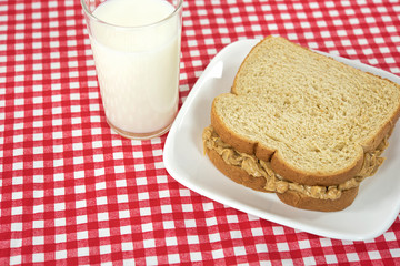 peanut butter sandwich with glass of white milk