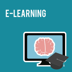 E-learning, brain and screen computer over blue color background