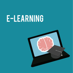 E-learning, brain,  and laptop over blue color background