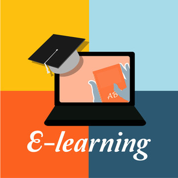 E-learning, , mortarboard text and laptop over  color background