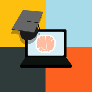 E-learning, , mortarboard and laptop over  color background