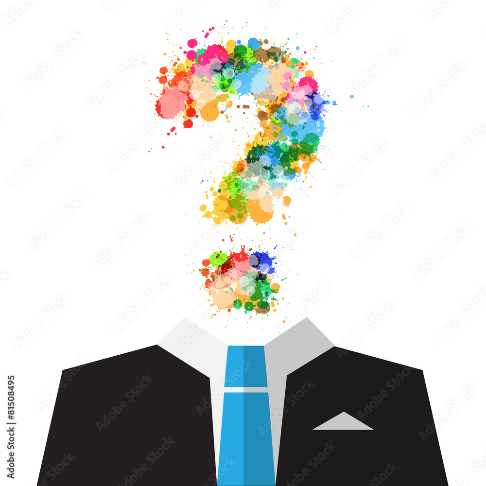 Poster vector man in suit with colorful splashes question mark symbol