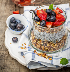Chia seed pudding made with blueberries,  strawberries