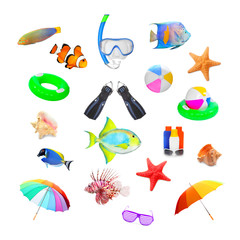 Collection of objects on tropical beach vacations theme.