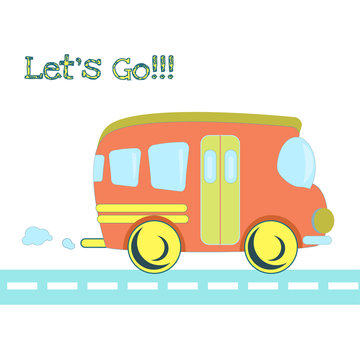 Baby toys pattern in doodle style. Cartoon bus on the road.