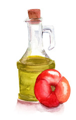 Drawing of bottle of olive oil and tomato on white background