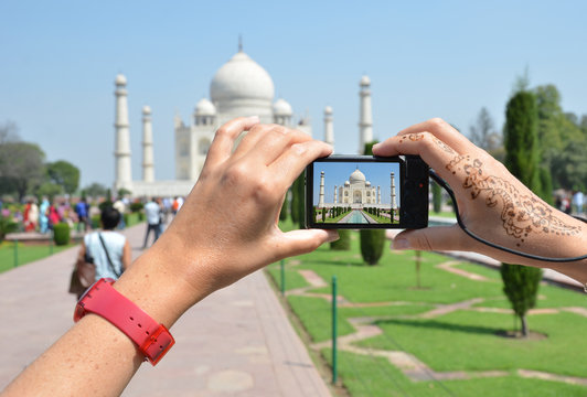 Taj Mahal on the screen of a camera. Agra, India
