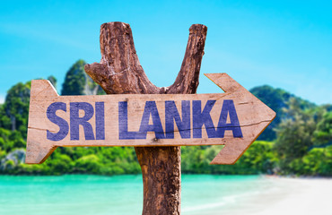 Sri Lanka wooden sign with beach background