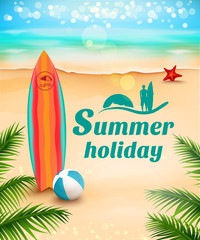 Summer holidays background - surfboard on a against a beach