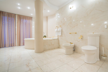 Horizontal view of bright bathroom interior