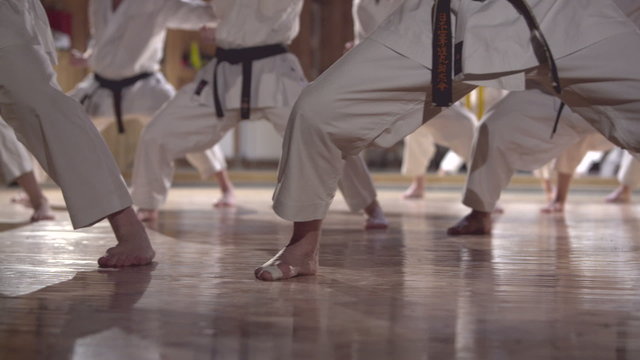 group of people practicing karate kata,dolly shot