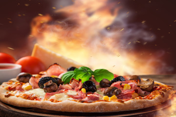 Delicious italian pizza served on wooden table - obrazy, fototapety, plakaty